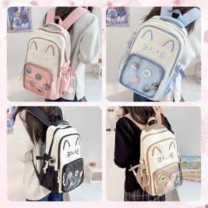 CatFace ita backpack, kawaii ita ba, enamel pin display bag, anime convention bag, clear window ita backpack, kawaii school backpack