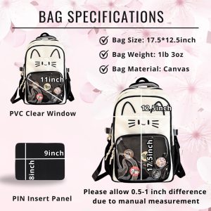 CatFace ita backpack, kawaii ita ba, enamel pin display bag, anime convention bag, clear window ita backpack, kawaii school backpack