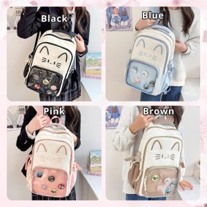 CatFace ita backpack, kawaii ita ba, enamel pin display bag, anime convention bag, clear window ita backpack, kawaii school backpack