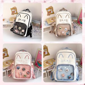 CatFace ita backpack, kawaii ita ba, enamel pin display bag, anime convention bag, clear window ita backpack, kawaii school backpack