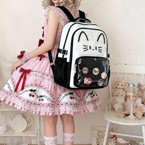 CatFace ita backpack, kawaii ita ba, enamel pin display bag, anime convention bag, clear window ita backpack, kawaii school backpack