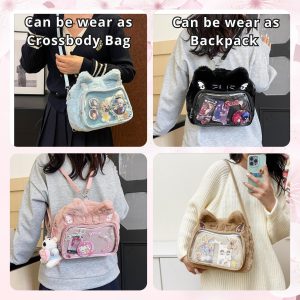 Catface plushie ita bag & backpack, plush ita backpack, crossbody ita bag, kawaii plushie bag, enamel pin ita bag, anime convention ita bag