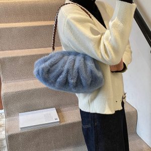 Faux Mink Fur Pleated Cloud Plush Fringe Shoulder Bag