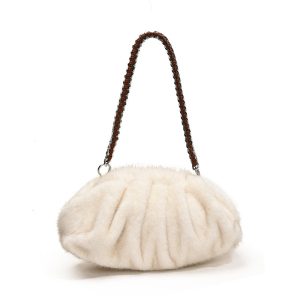 Faux Mink Fur Pleated Cloud Plush Fringe Shoulder Bag