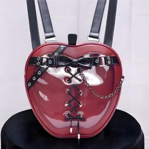 Cherry Red Heart Ita Bag, Lace Corset, Clear Window Tote