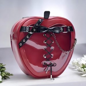 Cherry Red Heart Ita Bag, Lace Corset, Clear Window Tote