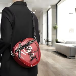 Cherry Red Heart Ita Bag, Lace Corset, Clear Window Tote