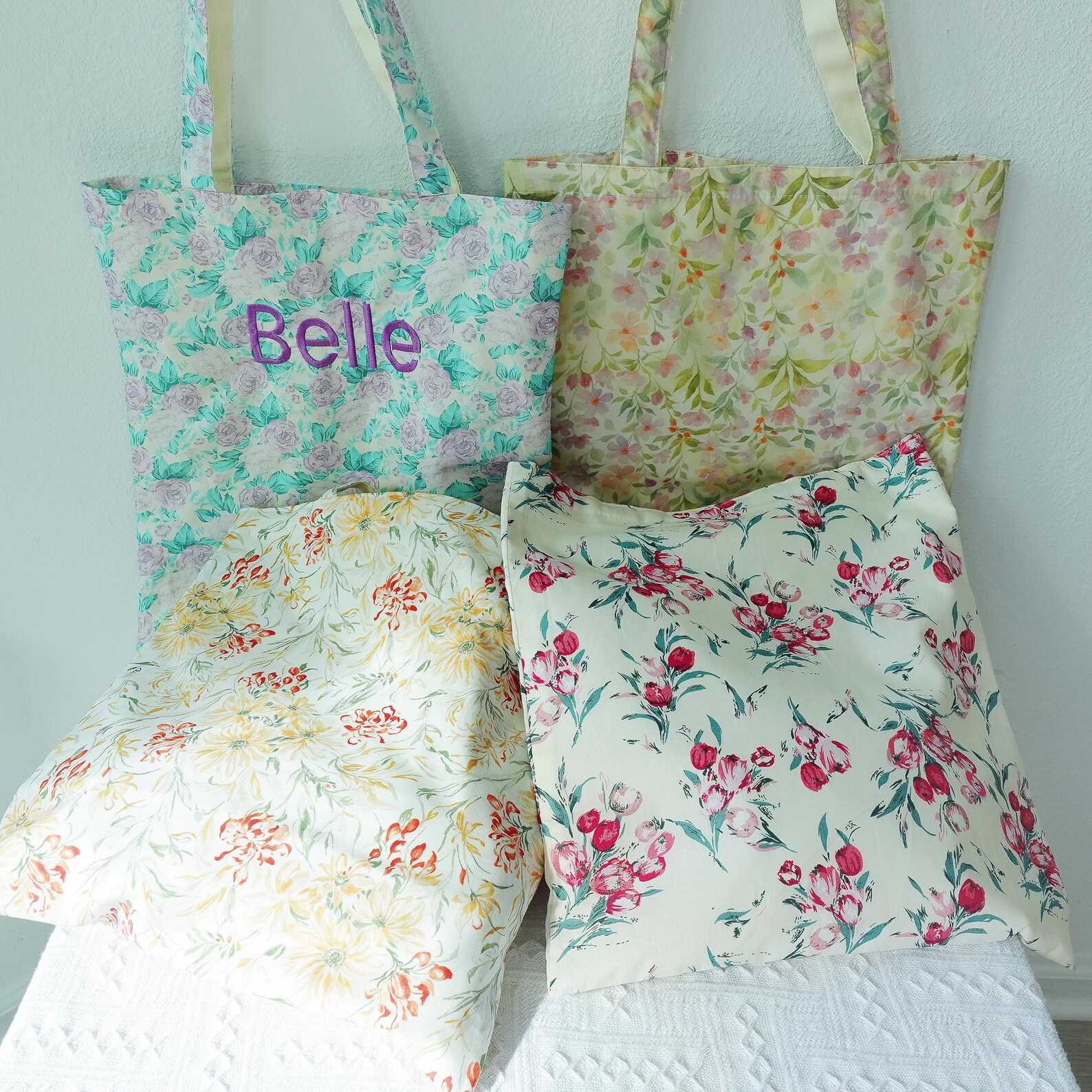 Chrysanthemum, Rose, Lilac Rose, Garden Floral Tote Bag, Custom Embroidered Canvas Bag, Personalized Floral Gift, Aesthetic Everyday Tote.