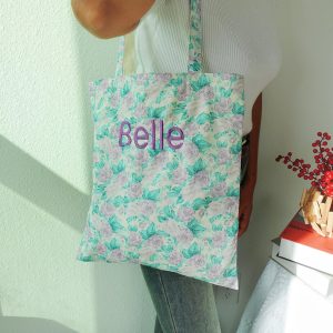 Chrysanthemum, Rose, Lilac Rose, Garden Floral Tote Bag, Custom Embroidered Canvas Bag, Personalized Floral Gift, Aesthetic Everyday Tote.