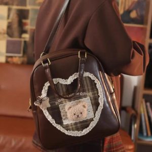 College Style Lolita Bear Backpack – Sweet Lace Coffee Y2K Schoolbag for Women | Cute Large Capacity Kawaii Student Ita Bag