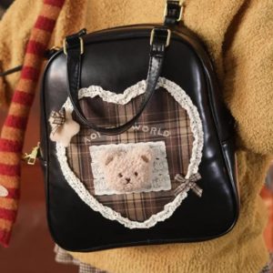 College Style Lolita Bear Backpack – Sweet Lace Coffee Y2K Schoolbag for Women | Cute Large Capacity Kawaii Student Ita Bag