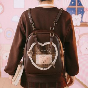 College Style Lolita Bear Backpack – Sweet Lace Coffee Y2K Schoolbag for Women | Cute Large Capacity Kawaii Student Ita Bag