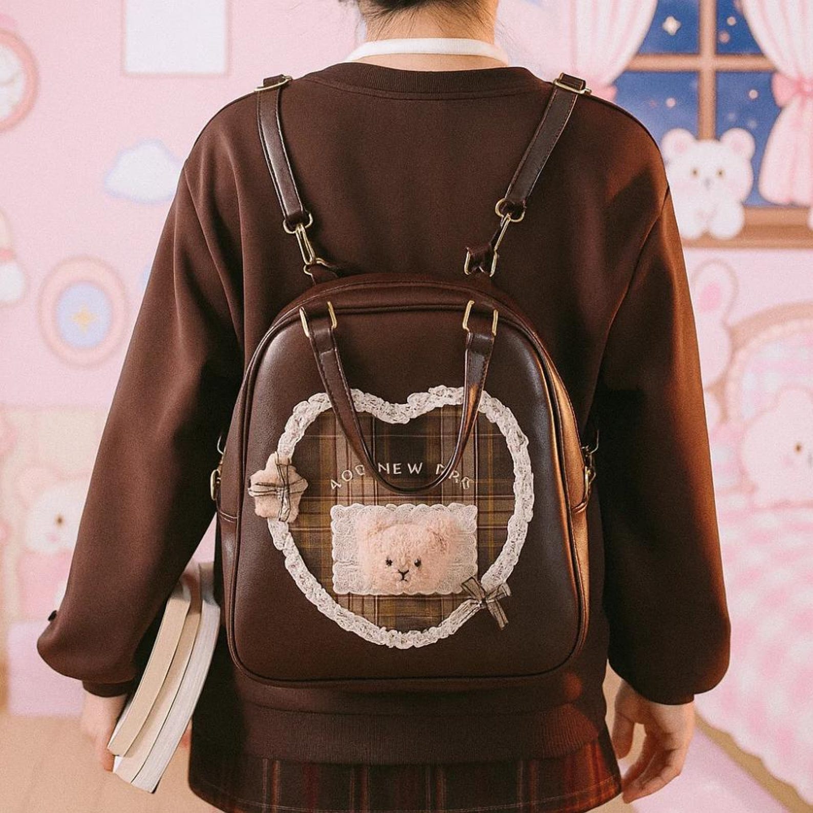 College Style Lolita Bear Backpack – Sweet Lace Coffee Y2K Schoolbag for Women | Cute Large Capacity Kawaii Student Ita Bag
