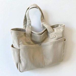 Corduroy Striped Tote Bag: Large Capacity Zipper Shoulder Bag