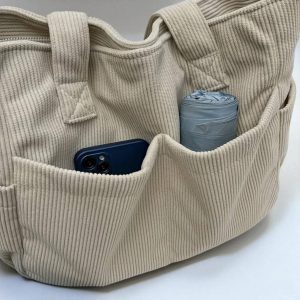 Corduroy Striped Tote Bag: Large Capacity Zipper Shoulder Bag