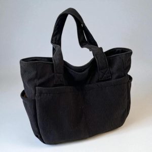 Corduroy Striped Tote Bag: Large Capacity Zipper Shoulder Bag