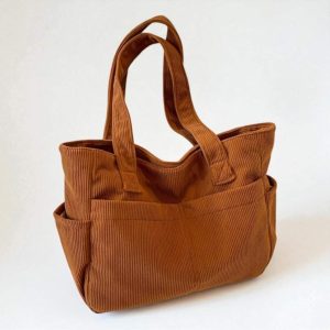 Corduroy Striped Tote Bag: Large Capacity Zipper Shoulder Bag