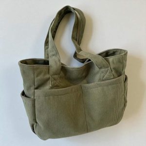 Corduroy Striped Tote Bag: Large Capacity Zipper Shoulder Bag
