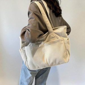 Corduroy Striped Tote Bag: Large Capacity Zipper Shoulder Bag