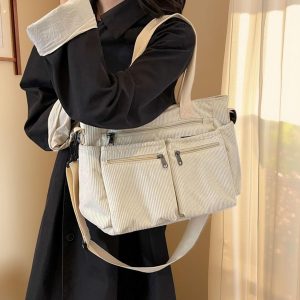 Corduroy Tote Bag with Pockets, Personalized Commuter Handbag, Korean Style Corduroy Purse, Everyday Work or School Bag, Gift for Her