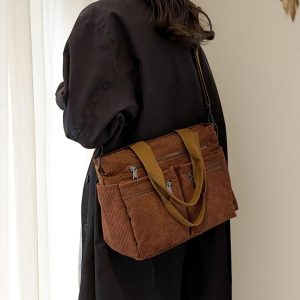 Corduroy Tote Bag with Pockets, Personalized Commuter Handbag, Korean Style Corduroy Purse, Everyday Work or School Bag, Gift for Her
