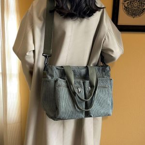 Corduroy Tote Bag with Pockets, Personalized Commuter Handbag, Korean Style Corduroy Purse, Everyday Work or School Bag, Gift for Her