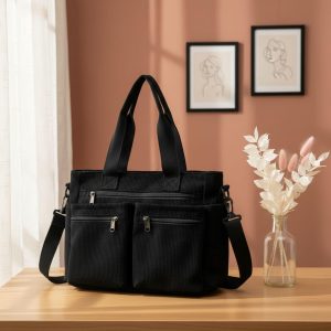 Corduroy Tote Bag with Pockets, Personalized Commuter Handbag, Korean Style Corduroy Purse, Everyday Work or School Bag, Gift for Her