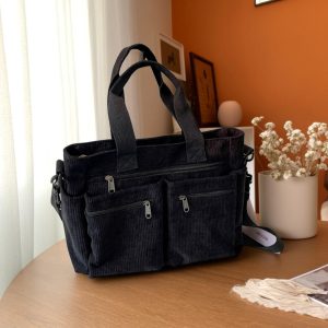 Corduroy Tote Bag with Pockets, Personalized Commuter Handbag, Korean Style Corduroy Purse, Everyday Work or School Bag, Gift for Her