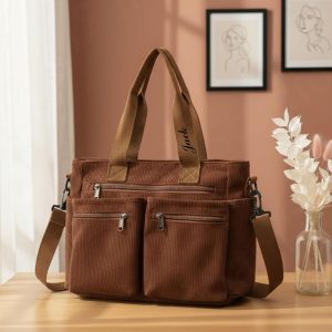 Corduroy Tote Bag with Pockets, Personalized Commuter Handbag, Korean Style Corduroy Purse, Everyday Work or School Bag, Gift for Her