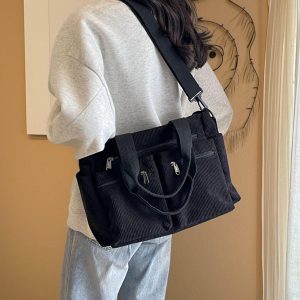 Corduroy Tote Bag with Pockets, Personalized Commuter Handbag, Korean Style Corduroy Purse, Everyday Work or School Bag, Gift for Her