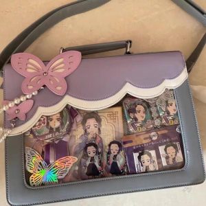 Crossbody Handbag Ita Bag – Clear Window Display Purse with Butterfly and Pearl Charm for Pins, Keychains & Anime Merch