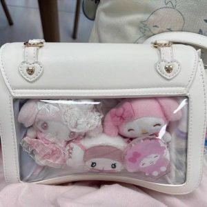 Crossbody Ita Bag – Dual-Sided Display Purse with Bow and Heart Charms, Clear Window for Pins, Keychains & Anime Merch