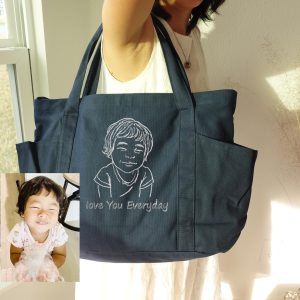 Custom Baby Girl Boy Portrait From Photo Canvas Tote Bag, Personalized Embroidered Handbag, Grandma Daily Totebags, Diaper Bags,  Gift Totes