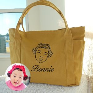 Custom Baby Girl Boy Portrait From Photo Canvas Tote Bag, Personalized Embroidered Handbag, Grandma Daily Totebags, Diaper Bags,  Gift Totes