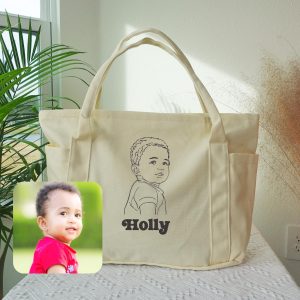 Custom Baby Girl Boy Portrait From Photo Canvas Tote Bag, Personalized Embroidered Handbag, Grandma Daily Totebags, Diaper Bags,  Gift Totes