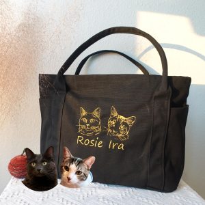 Custom Cat Portrait From Photo Large Tote Bag, Personalized Bag Gifts, Pet Embroidered Canvas Totes, Pet Portrait Purse, Dog Face Tote Bag.