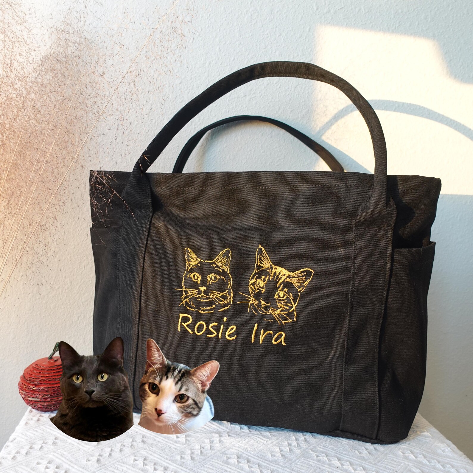 Custom Cat Portrait From Photo Large Tote Bag, Personalized Bag Gifts, Pet Embroidered Canvas Totes, Pet Portrait Purse, Dog Face Tote Bag.