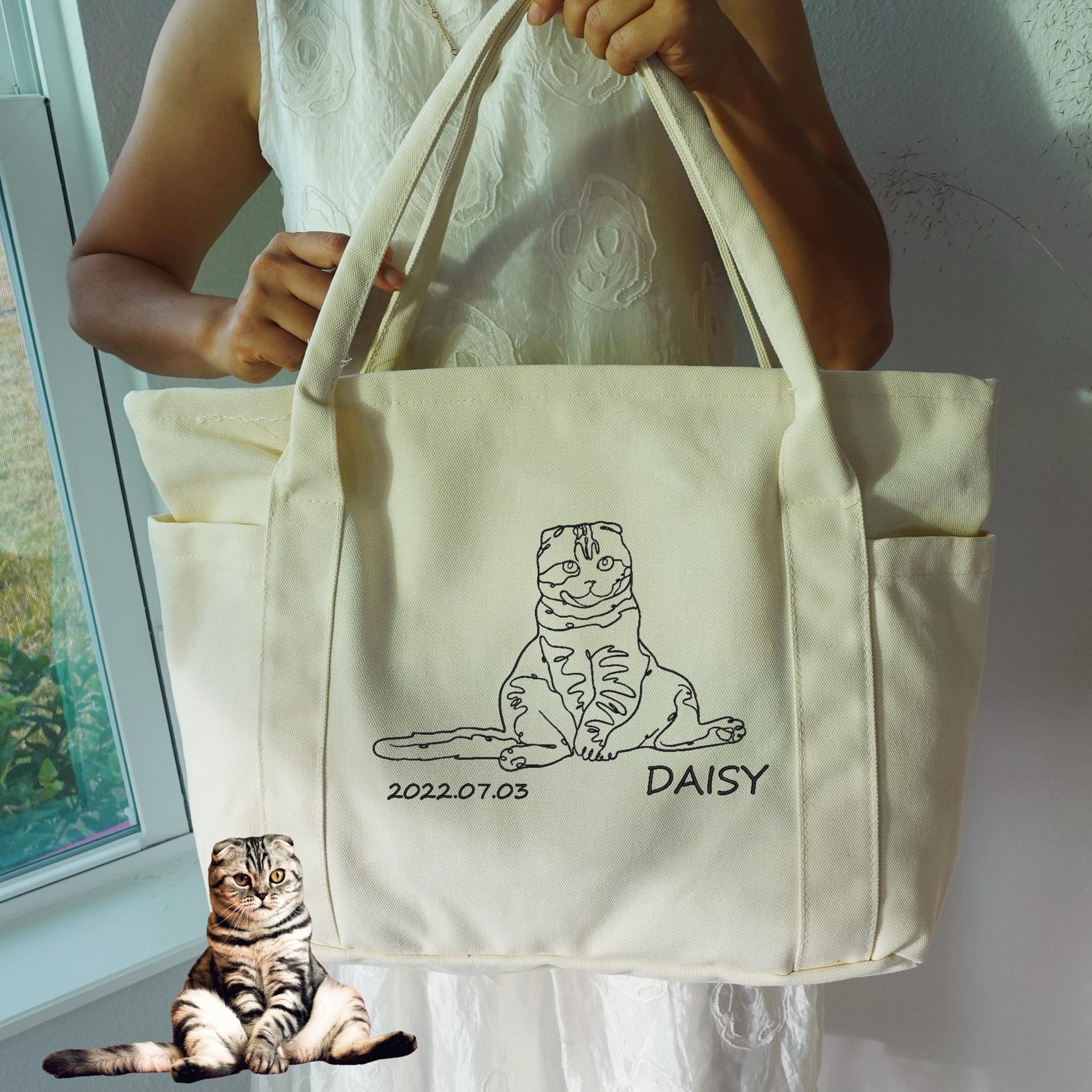 Custom Cat Portrait From Photo Tote Bag, Personalized Embroidered One Line Pet Dog Portrait Duffle Bags, Shoulder Purse, Pet Art Gift Bags.