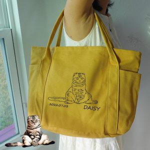 Custom Cat Portrait From Photo Tote Bag, Personalized Embroidered One Line Pet Dog Portrait Duffle Bags, Shoulder Purse, Pet Art Gift Bags.