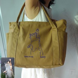 Custom Cat Portrait From Photo Tote Bag, Personalized Embroidered One Line Pet Dog Portrait Duffle Bags, Shoulder Purse, Pet Art Gift Bags.
