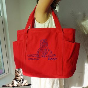 Custom Cat Portrait From Photo Tote Bag, Personalized Embroidered One Line Pet Dog Portrait Duffle Bags, Shoulder Purse, Pet Art Gift Bags.
