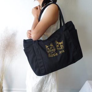 Custom Dog Portrait Large Tote Bag with Pockets and Zipper, Personalized Canvas Pet Lover Bag, Embroidered Dog Face Tote, Gift for Dog Mom