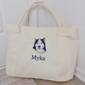 Custom Dog Portrait Large Tote Bag with Pockets and Zipper, Personalized Canvas Pet Lover Bag, Embroidered Dog Face Tote, Gift for Dog Mom