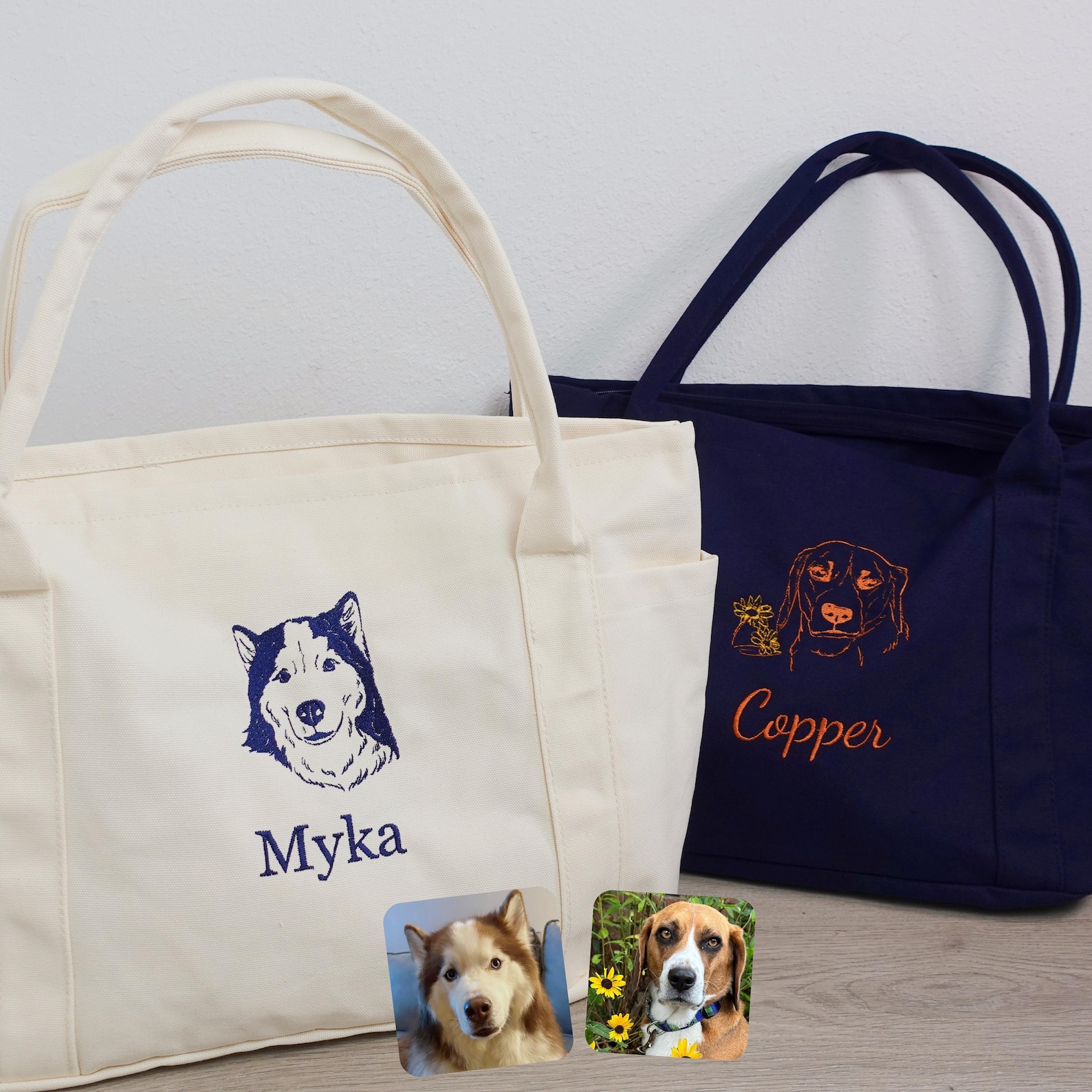 Custom Dog Portrait Large Tote Bag with Pockets and Zipper, Personalized Canvas Pet Lover Bag, Embroidered Dog Face Tote, Gift for Dog Mom