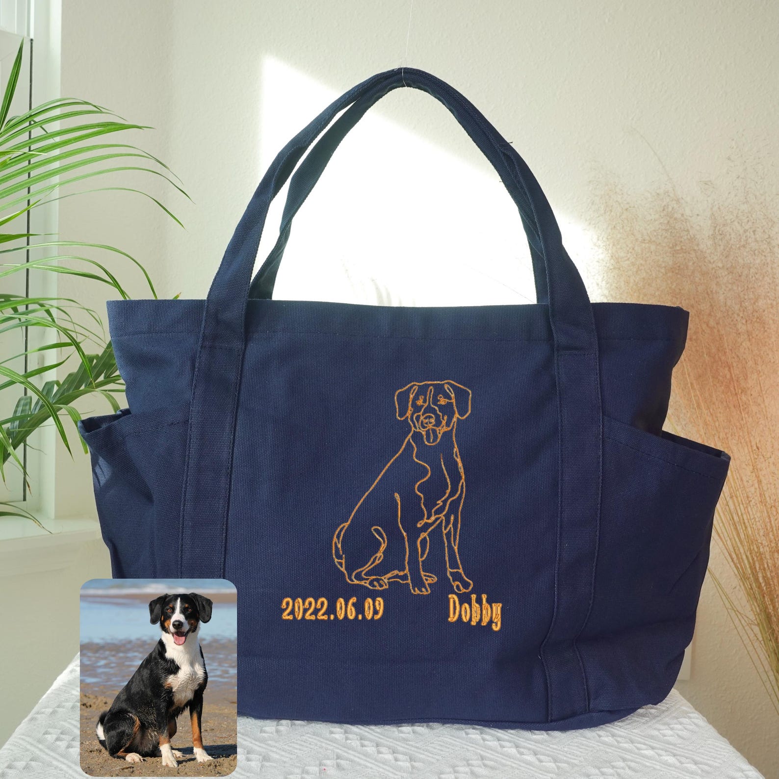 Custom Embroidered Full Body Pet Tote Bag – Personalized Dog Outline Purse, Pet Memorial or Everyday Carry Gift, Large Canvas Tote Bag.