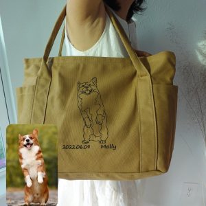 Custom Embroidered Full Body Pet Tote Bag – Personalized Dog Outline Purse, Pet Memorial or Everyday Carry Gift, Large Canvas Tote Bag.