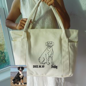 Custom Embroidered Full Body Pet Tote Bag – Personalized Dog Outline Purse, Pet Memorial or Everyday Carry Gift, Large Canvas Tote Bag.
