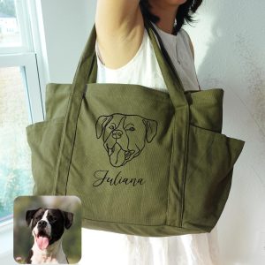 Custom Embroidered Pet Portrait Duffle Bag: Personalized Canvas One Line Art Travel Bag, Custom Pet Face Bag, Large Overnight Bags.