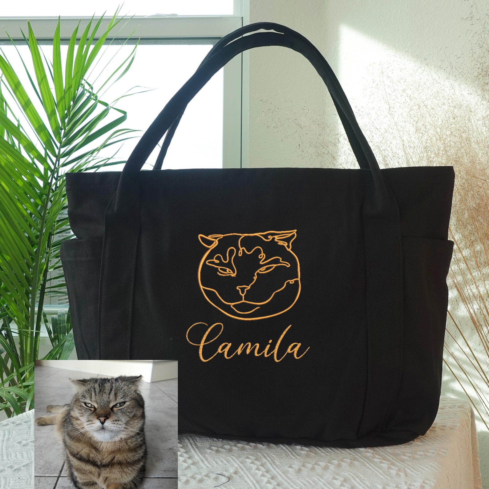 Custom Embroidered Pet Portrait Duffle Bag: Personalized Canvas One Line Art Travel Bag, Custom Pet Face Bag, Large Overnight Bags.