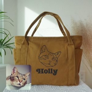 Custom Embroidered Pet Portrait Duffle Bag: Personalized Canvas One Line Art Travel Bag, Custom Pet Face Bag, Large Overnight Bags.